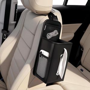 Car Tissue Holder for Kleenex 120/160 Count,Rectangular Car Storage Box, Side Mount Organizer with 3 Mesh Pockets, Hanging Bag, Waterproof PU Leather, for Front and Back Seat