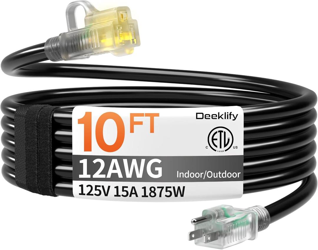 12awg 10 FT Heavy Duty Outdoor Extension Cord Waterproof with Lighted End,Black 12 Gauge Extension Cord Flexible and Cold Resistant 3 Prong Grounded Plug,15Amp 1875W SJTW ETL Listed