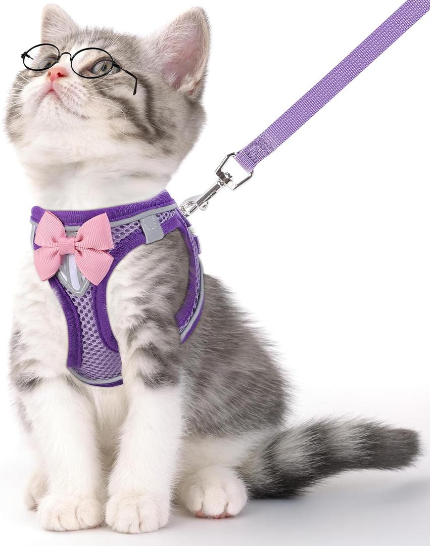 Cat Vest Harness and Leash Set for Walking Escape Proof, Adjustable Kitten Harness Breathable Mesh with Reflective Strips Harness for Kitty Puppy Bunny (Purple, XS)