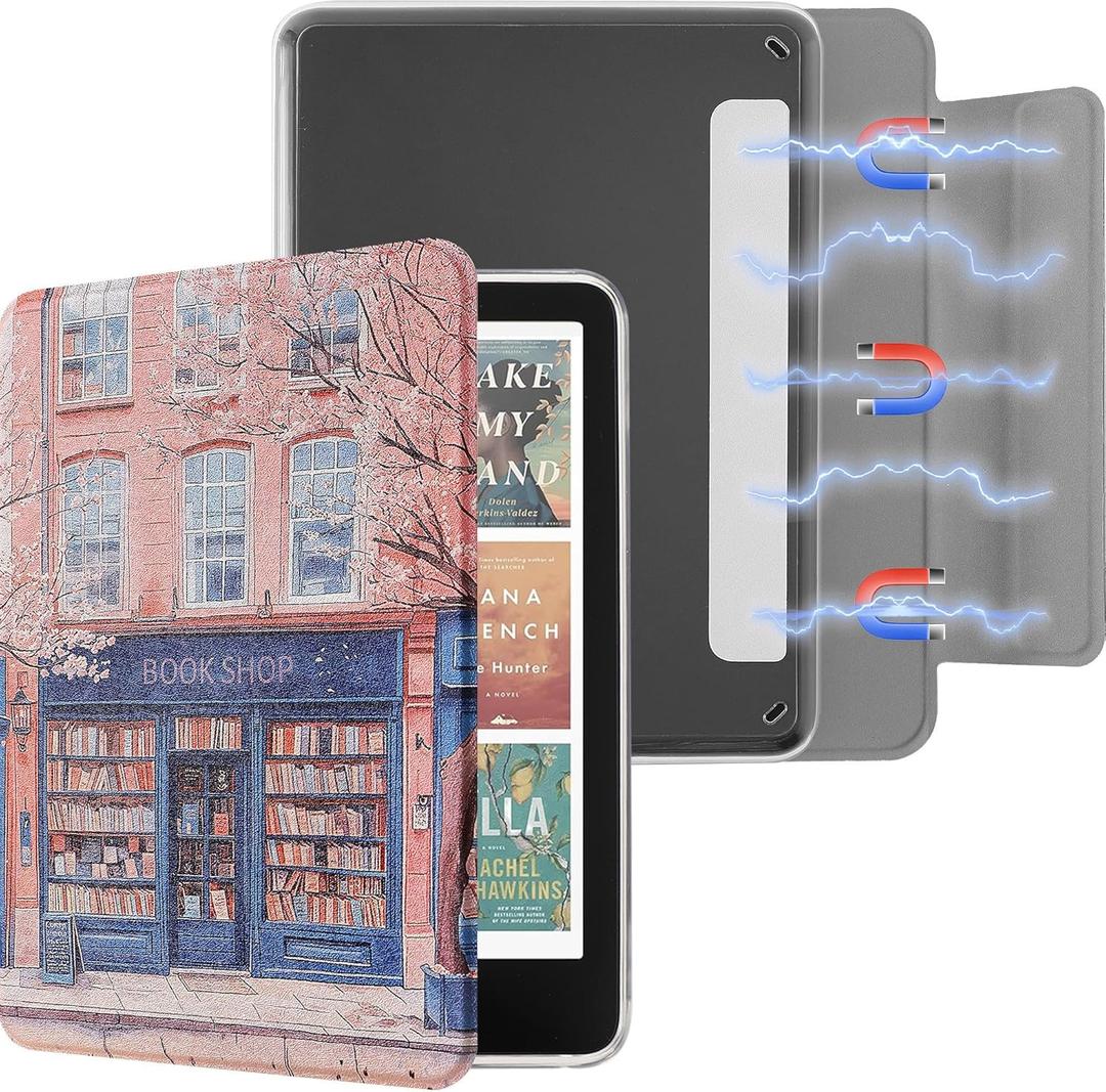 SESENSE Detachable Magnetic Case for 7'' Kindle Paperwhite 12th Gen 2024 and Kindle Colorsoft Signature Edition, Slim PU Shell Cover Case with Auto Wake/Sleep (Book Shop)