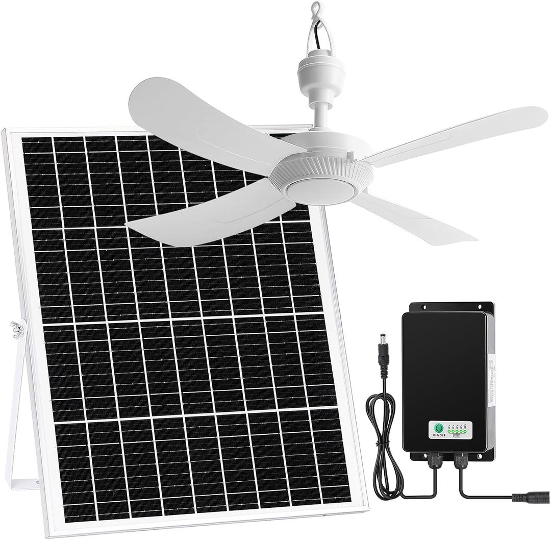23.6'' Solar Rechargeable Ceiling Fan with Battery Backup, 25W Solar Powered Hanging Fans for Outdoor Gazebo, Chicken Coop, Greenhouse, Shed, Dog House