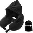 Sunany Neck Pillow for Travel Inflatable Airplane Pillow Comfortably Supports Head,Neck and Chin,Inflatable Travel Pillow with Soft Velour Cover,Portable Drawstring Bag (Black with Hat)
