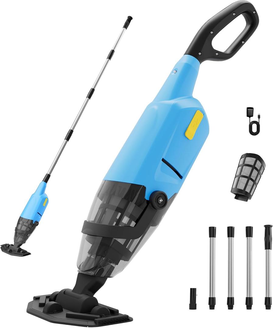 Handheld Pool Vacuum Above Ground Pool, 4-Section Detachable Pole | 18 GPM Powerful Suction, 60 mins Runtime, 120m Fine Filter, Cordless Pool Cleaner for Leaves, Sand and Debris, Blue