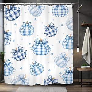 Kalmico Blue Plaid Pumpkin Shower Curtain 60Wx72L Inch Autumn Fall Farmhouse Rustic Polka Dot Bathroom Set Accessories Decor with 12 Pack Hooks