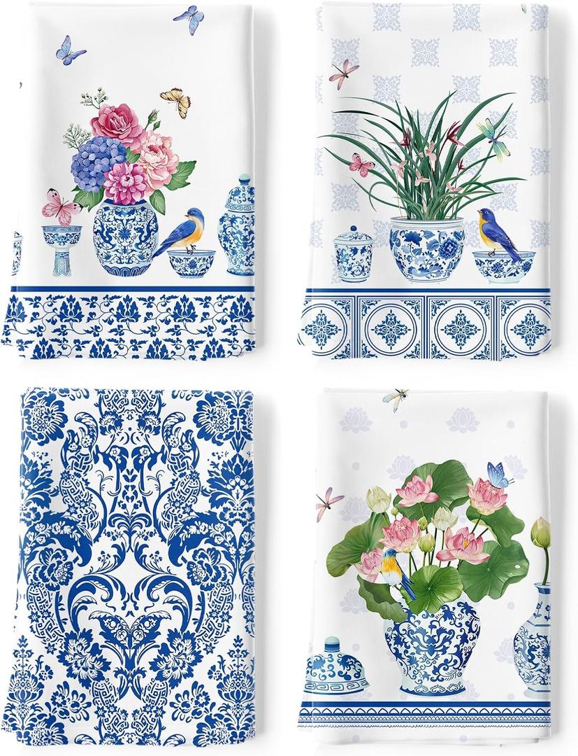 Flower Bird Tea Towels, Spring Summer Cotton Kitchen Towel 18.927.5 inch, Quick Drying Dish Cloth for Party Anniversary Holiday Decoration Housewarming Gifts (Blue and White Porcelain)