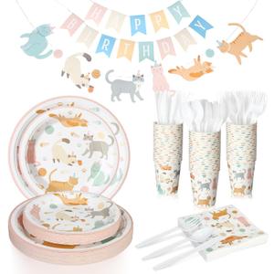 Qinyoung 176 Pcs Cat Birthday Party Supplies Disposable Tableware Set Serves 25 Cute Kitten Themed Paper Plates Napkins Cups Cutlery with Banner for Birthday Decorations