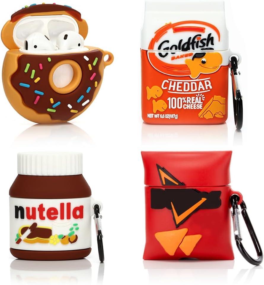 (4Pack) Case for AirPods 2nd/1st Generation(2019/2016) Earbuds, Suublg Silicone Case Protective Cover with Cute Cartoon Skin Design for AirPods 1/2, with Carabiner (Dori+Goldfh+Donut+Nutella)