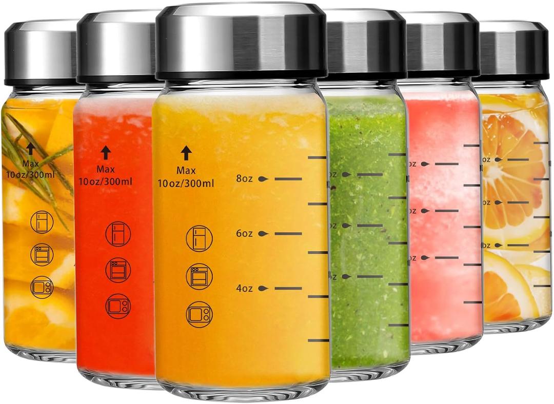 10oz Juice Bottles - 6 Pack Wide Mouth Glass Bottles with Lids- BPA Free, Stainless Steel Lids for Juicing, Smoothies, Infused Water, Beverage Storage - Leakproof, Borosilicate, Clear