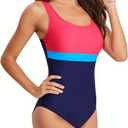 Womens One Piece Swimsuit Scoop Open Back Athletic Training Swimwear Color Block Sport Bathing Suit (S)