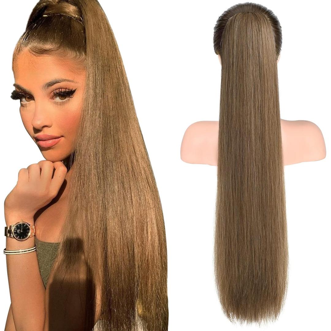SEIKEA 28" Ponytail Extensions Drawstring Long Straight Fake Pony Tail Natural Soft Clip in Hair Extension Synthetic Heat Resistant Hairpiece - Ash Blonde with Golden Blonde (28 Inch 155G (Pack of 1))