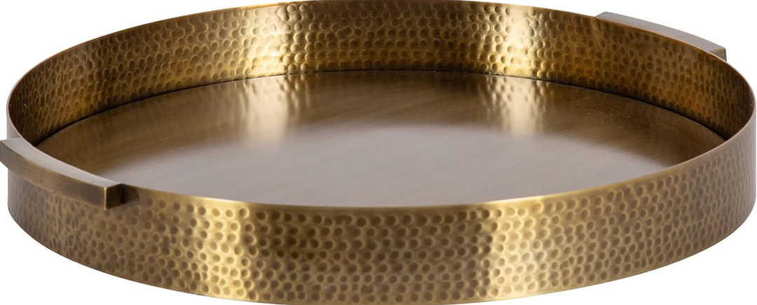 Kate and Laurel Samana Modern Glam Round Metal Tray; 17 Inch Diameter; Antique Brass; Circular Polished Decorative Tray with Hammered Surface and Minimalist Handles