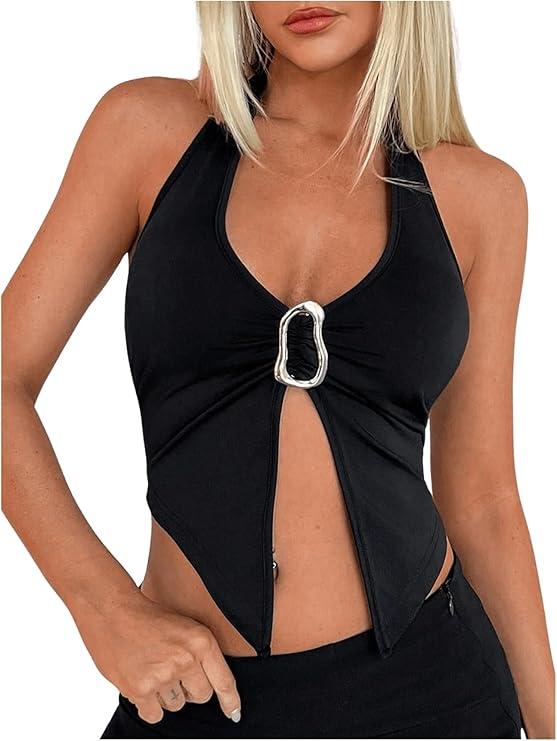 SOLY HUX Women's Halter Top V Neck Sleeveless Split Hem Backless Y2k Crop Tank Tops
Size XS