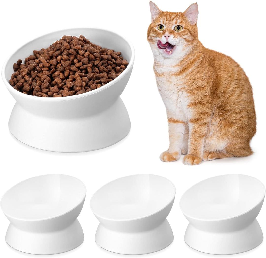 Bokon 4 Pcs Elevated Cat Food Bowls Plastic Raised Cat Bowls Tilted Pet Feeding Water Dish Protect Pets' Spines Whisker Friendly Anti Vomiting Dish for Flat Faced Indoor Kitten(White)