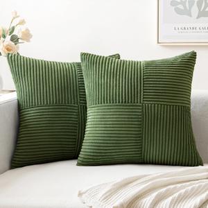 MIULEE Moss Green Corduroy Pillow Covers Pack of 2 Boho Decorative Spliced Throw Pillow Covers Soft Solid Couch Pillowcases Cross Patchwork Textured Cushion Covers for Living Room Bed Sofa 20x20 inch