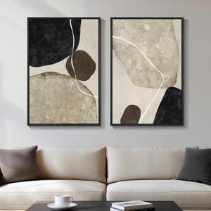 Framed Neutral Abstract Wall Art, 2 Piece Large Modern Black Beige Brown Canvas Prints Paintings Artwork for Walls, Minimalist Stone Shape Pictures for Living Room Dining Bedroom Wall Decor 20x30 In, 20" W x 30" H x 2Pcs