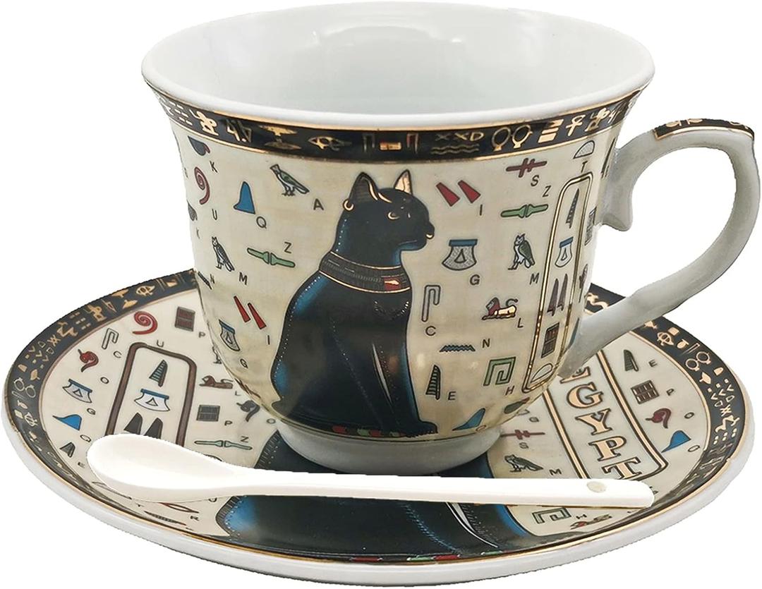 Coffee Espresso Cups and Saucers Set Egyptian Golden Ceramic Espresso shot Cup, Demitasse Cup 3.4oz/100ml Tea Cup Set Porcelain Gift for Birthday Family Friends (Beige and Black)