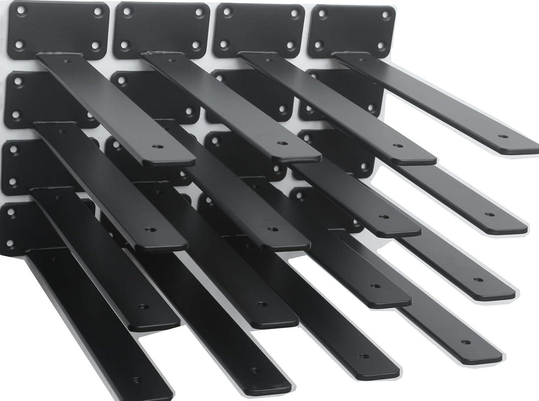 16 Pack - 10 inch Black Hidden L Shelf Bracket (1/5 Inch Thicked) Iron Floating Shelf Brackets Rustic Industrial Metal Brackets for Shelf Support