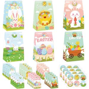 MKLTUHGDG 24 PCS Easter Treat Bags, Easter Goodie Bags, Paper Bags with Stickers Easter Gift Bags for Kids Easter Party Favors Cookies