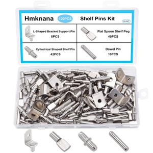 Hmknana 100PCS 4 Styles Shelf Pins Kit - Nickel Plated Shelf Bracket Pegs & Shelf Support Pins, Dowel Pin and Shelf Holders for Shelves Cabinet Furniture Closet etc