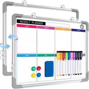 ARCOBIS Weekly Dry Erase Board for Wall, 12" x 16" Magnetic Calendar Whiteboard, Small Hanging Double-Sided White Board for Planning, Memo, to Do List, Drawing, School, Home, Office (Week Multicolor-silver Frame)