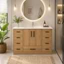 KEIKI 48" Bathroom Vanity w/Sink, Modern Bathroom Cabinet, 2 Soft-Close Doors, 6 Spacious Drawers, Center Cabinet for Tall Items, Wide Countertop, Family-Friendly Bathroom Furniture, Light Oak