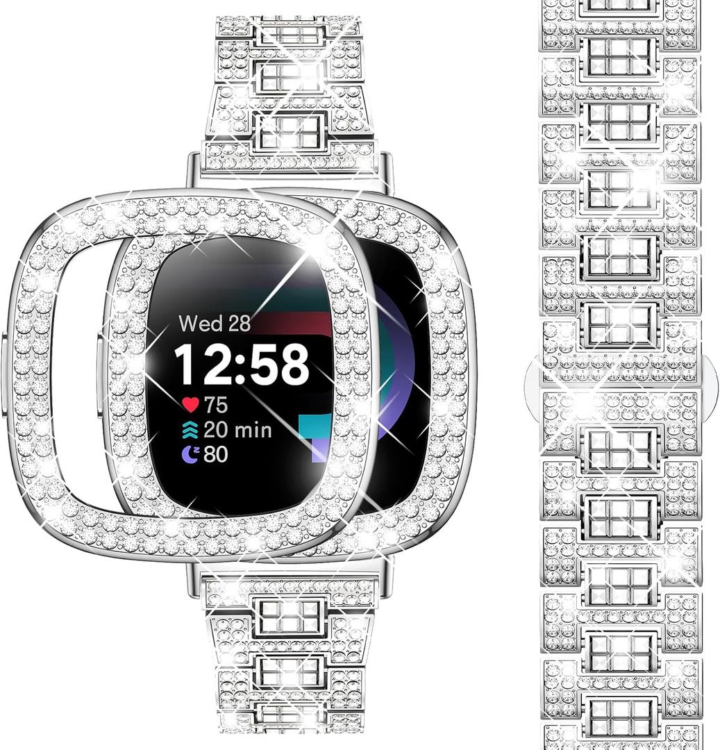 Dsytom Bling Stylish Watch Band Compatible With Fitbit Versa 4, Sense 2, Versa 3, Sense - Cute Strap With Rhinestone Protective Case Cover for Women (Silver)