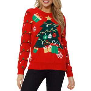 VENTELAN Women's Christmas Sweater Funny Christmas Tree Ugly Pullover Snowflake Long Sleeve Sweater Shirt (Red, S)