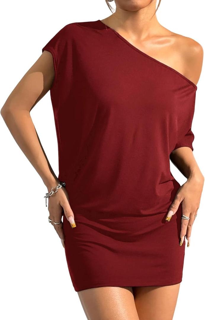 SOLY HUX Women's Off The Shoulder Mini Dress Going Out Asymmetrical Neck Short Sleeve Casual Bodycon T Shirt Dresses (Plain Burgundy) XL