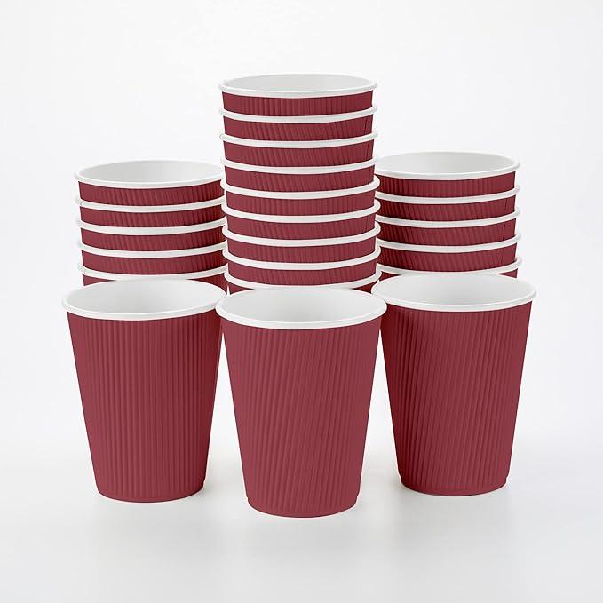 Restaurantware 12 Ounce Ripple Wall Disposable Coffee Cups, 500 Insulated Crimson Paper Tumblers with Rolled Rim Design, Lids Sold Separately for Hot Drinks like Tea, Hot Chocolate and More 100 Pack