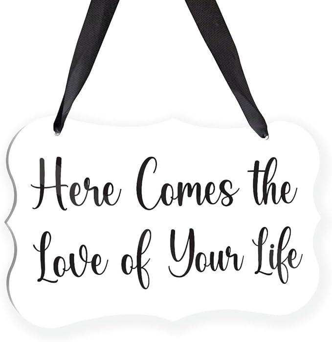 3 x Wedding Acrylic Decor Sign, Bridal Shower Decoration, Acrylic Seat Sign Hanging with Ribbon for Wedding Reception Ceremony Seating and Church Chair Decor - Here Comes The Love of Your Life (Clear)