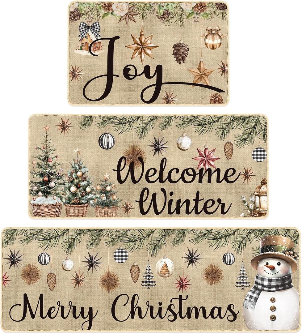 Layhit 3 Pcs Holly Ornament Retro Christmas Kitchen Rugs and Mats Set Netural Xmas Kitchen Mat Merry Christmas Pinecone Snowman Rugs for Xmas Party Home Decor 20'' x 59'', 20'' x 47'', 20'' x 32''