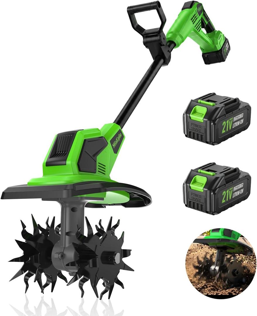 Cordless Tiller Cultivator, 360 RPM Tiller for Gardening with 2 x 21V 4.0Ah Batteries & Charger, 48 Steel Tines, 9” Tilling Width & 7” Depth for Lawn, Garden & Soil Cultivation