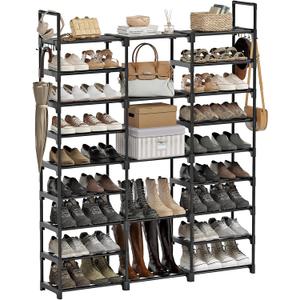 WOWLIVE 9 Tiers Large Shoe Rack Storage Organizer for Closet 50-55 Pairs Shoe Tower Unit Shelf Stackable Shoe Rack with Metal Pipes Plastic Connectors Black(SSS3B9)