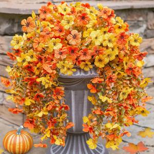 INSPRING Artificial Fall Flowers for Outdoors Decoration, 2Pcs Fake Fall Light Orange & Yellow Hanging Flowers, Faux Autumn Decor for Porch Patio Balcony Planter, Realistic Arrangement