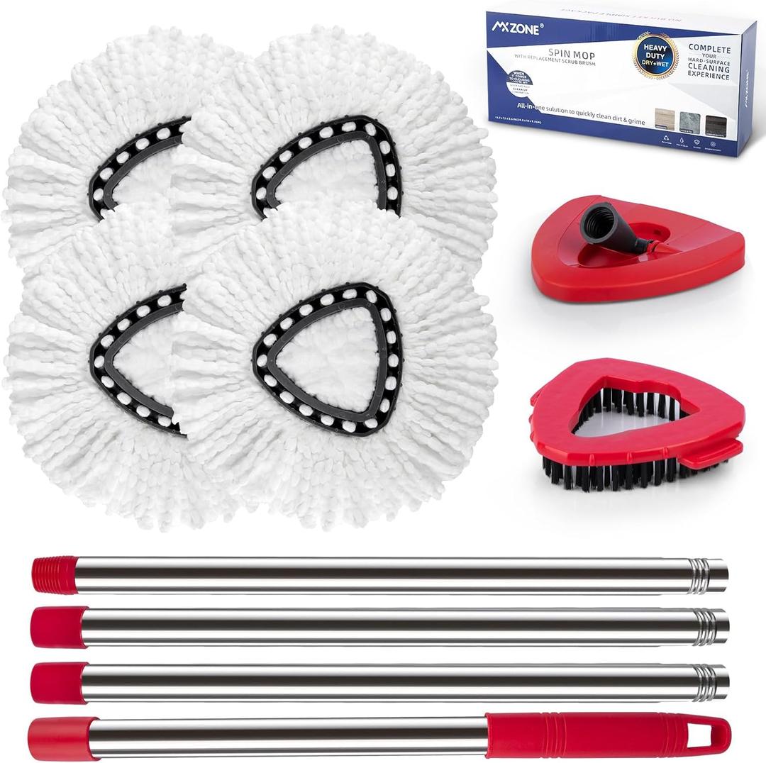 Spin Mop Head Replacement Handle Compatible with O Cedar EasyWring 1-Tank System, 4 Mop Replace Heads, 1 Mop Handle, 1 Base and 1 Scrub Brush Combo Set