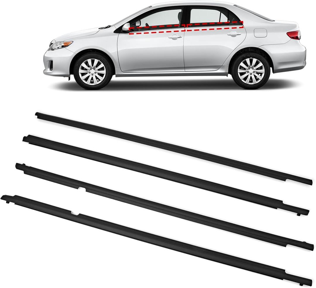 TOP-MAX WeatherStrip Window Molding Trim Seal Belt Replacement for Toyota Corolla 2009 2010 2011 2012 2013, 4pcs Black Window Weather Stripping Replaces#75710-02210, 7571002260, 7571012780