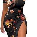 FECAFO Cut Out Hollow Out Ruched Slit Bodycon Dress for Women Sexy Side Slit Drawstring Club Party Short Sleeve Midi Dresses (Floral, XL)