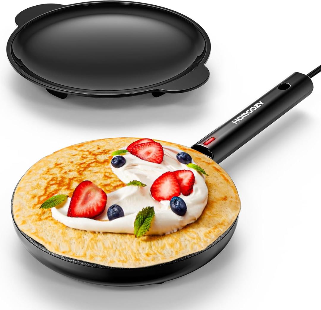 Electric Crepe Maker Machine, Homcozy Instant Crepe Maker with Handle, 8 Inch Non-Stick Coating Crepe Pan, Auto Temperature Control for Crepes, Pancakes, Bacon, Tortilla (Black)