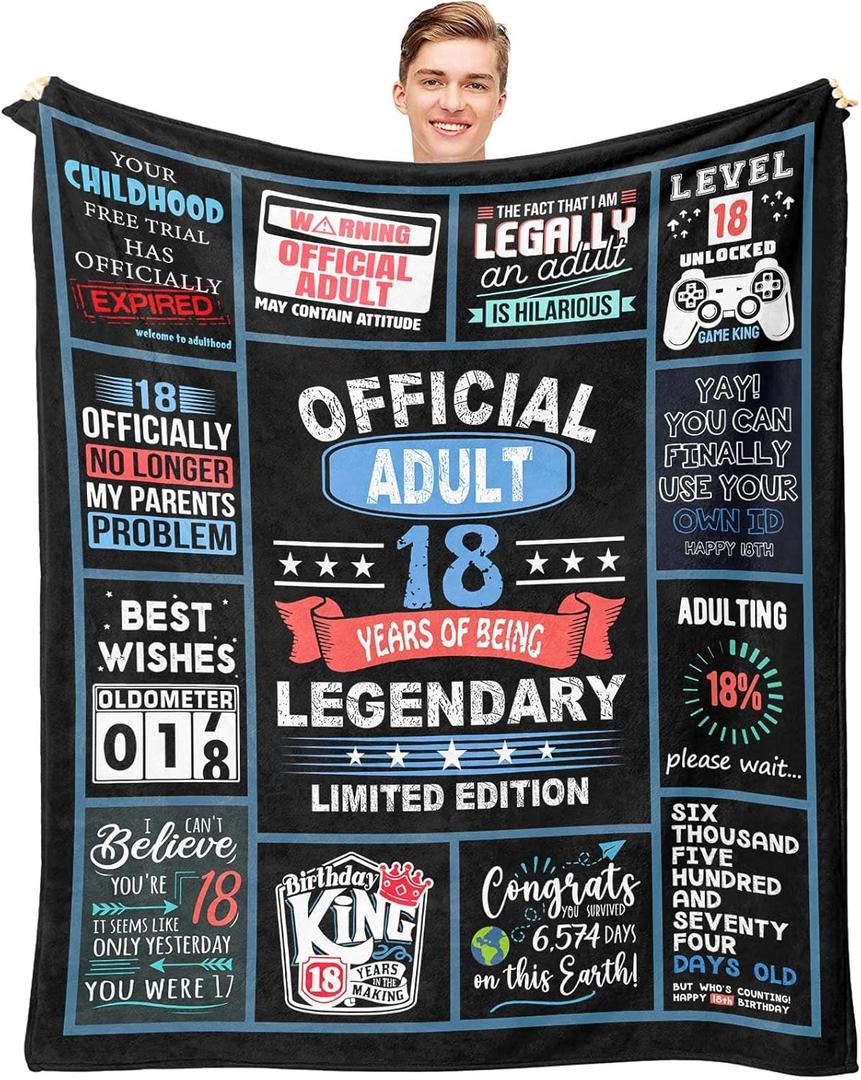 18th Birthday Gifts for Boy, 18 Year Old Boy Birthday Gifts, Gifts for Boys Turning 18, 18 Birthday Gift Ideas Throw Blanket 60 x 50 Inch, Gifts for 18 Year Old Male, 18 Bday Decorations for Men