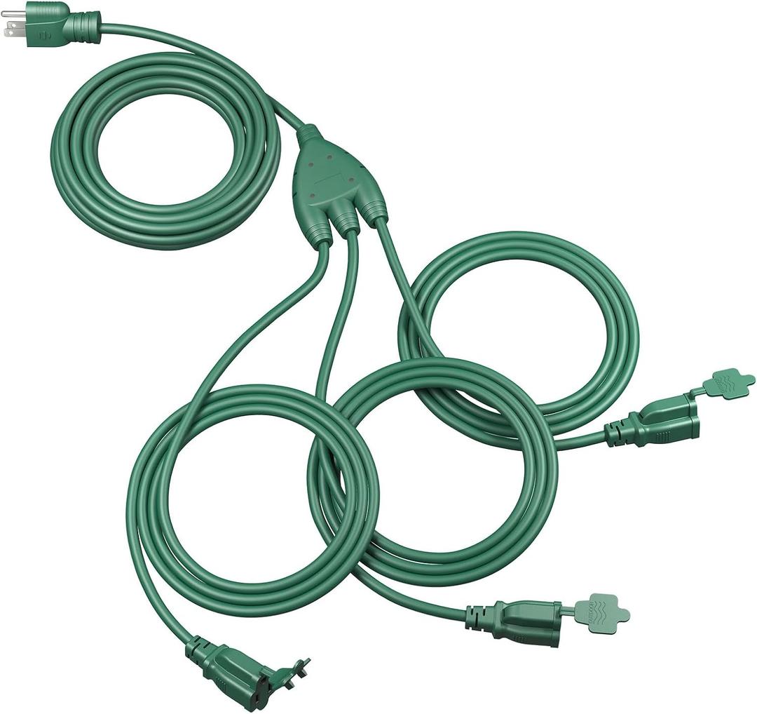 DEWENWILS Outdoor Extension Cord 1 to 3 Splitter, Total 52FT, 13A 125V 1625W 16/3C SJTW Extension Cord Waterproof Heavy Duty Cord for Holiday Decorations, Outdoor String Light, ETL Listed (Green)