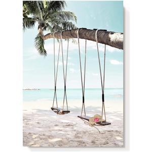 Beach Coastal Canvas Wall Art: Seaside Palm Tree Painting Ocean Swing Hanging on Coconut Trees Picture Light Blue Sky Seascape Artwork Decor for Living Room Bathroom 16" x 11"