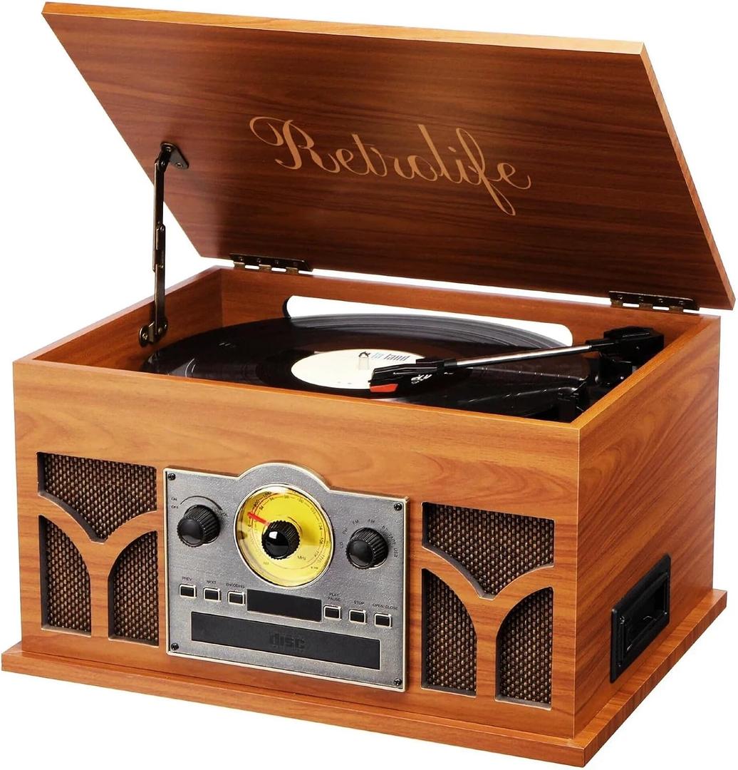 10-in-1 Record Player with Built-in Speakers Wireless Playback, CD & Cassette Player, USB Player, AM/FM Radio, 3 Speeds Turntable Vinyl Record Player Mahogany