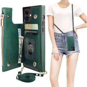 Bocasal Crossbody Wallet Case for iPhone 12/12 Pro with Card Holder,Zipper Card Slot Protector Shockproof Purse Cover with Removable Cross Body Strap 6.1 Inch(Green)