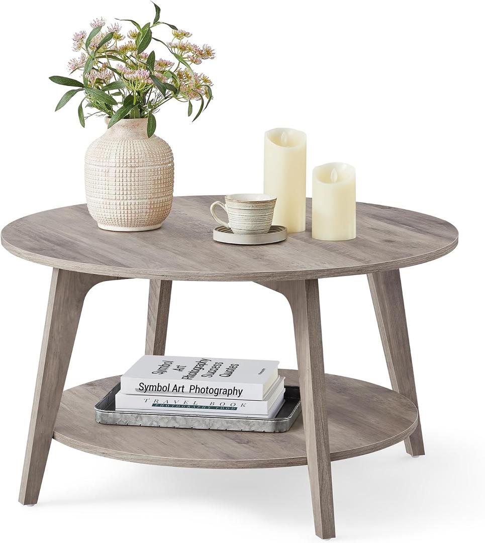 VASAGLE Round Coffee Table, 2-Tier Center Table with Storage, Tapered Legs, 31.5"Dia. x 17.7"H