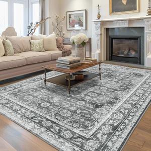 Andency Large 9x12 Washable Area Rug for Living Room Bedroom, Vintage Boho Light Grey Rug, Floral Carpet, Stain Resistant Non-Slip, Printed Distressed Decor for Dining Room