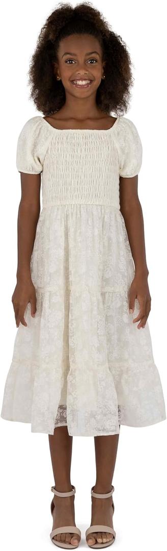 Speechless Girls' Puff Sleeve Square Neck Smocked Floral Midi Dress (White)