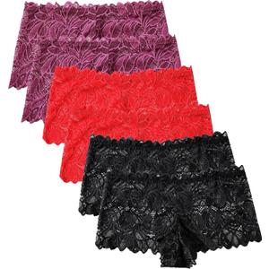 Women's Lace Panties, Soft Stretch Cute Boyshorts Panties, Sexy Cheeky Underwear, Multipacks (Large, Tomato Red*2 Black*2 Grape Purple*2)