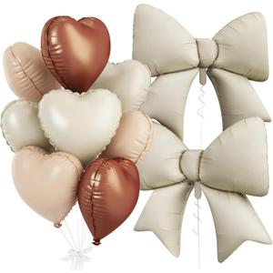 Brown Cream Heart Balloons, Foil Bow Balloons, 10Pcs 18 Inch Sand White Apricot Heart Shaped Balloon and 38 Inch Helium Cream Bow Balloon for Birthday Baby Shower Valentines Wedding Party Decor