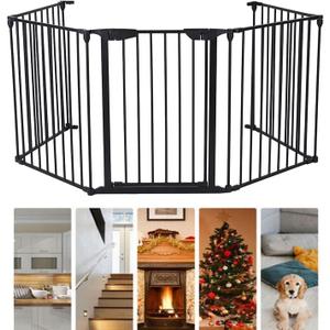 MYOYAY Dog Gate 5 Panel,118" Wide & 30" Tall Safety Gate Metal Fireplace Fence Dog playpen Stair Gate Garage Fences Stairway Barrier with Safety-Lock Wall Mounted Freestanding(Black)