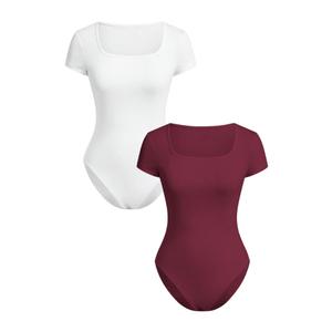 RoseSeek Girl's Short Sleeve Bodysuit Square Neck Leotard Tops 2 Pack